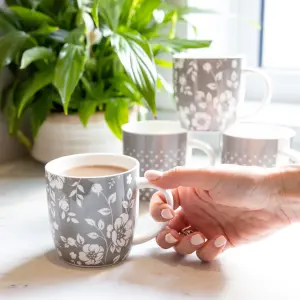 KitchenCraft 4-Piece Grey Floral / Polka Dot Mug Set