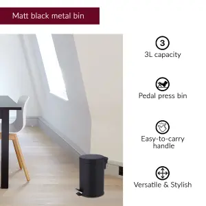 Innoteck Essentials 3Litre Round Pedal Dustbin with Removal Plastic Container -Matt Black