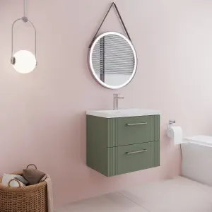 Retro 2 Drawer Wall Hung Vanity Unit with Mid-Edge 1 Tap Hole Ceramic Basin - 600mm - Satin Green - Balterley