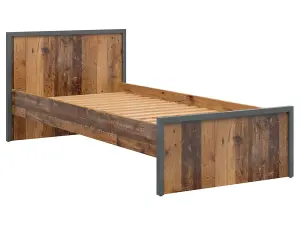 Single Bed Euro 90cm Frame + Wood Slats Dark Grey Rustic Oak Pine Effect Weston