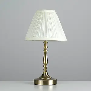 ValueLights Sienna Vintage Antique Brass Touch Table Lamp with Pleated Cream Shade