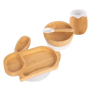 Tiny Dining - Rabbit Bamboo Suction Baby Feeding Set - White - 4pc