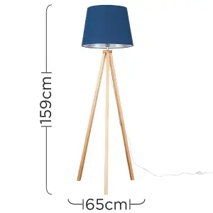 ValueLights Barbro Modern Light Wood Tripod Design Floor Lamp with Navy Blue Tapered Shade - Includes 6w LED GLS Bulb 3000K