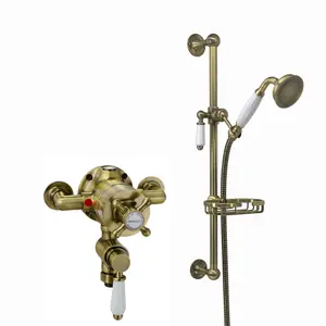 ENKI Downton Antique Brass Traditional Twin Brass Thermostatic Shower Valve & Slider Rail Kit SH0575