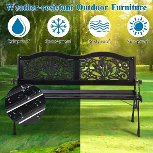 Black Rustproof Wood Wrought Iron Garden Bench with Backrest