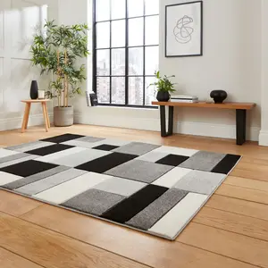 Grey Black Modern Easy to Clean Geometric Rug For Dining Room-80cm X 150cm