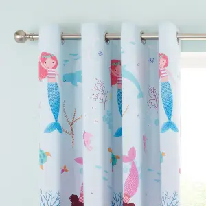 Catherine Lansfield Mermaid 66x72 Inch Fully Reversible Two Curtain Panels Blue/Pink