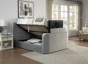 Grey Velvet Criss Cross Ottoman TV Bed With Storage Smart Bed With Remote Control TV Footboard Operation