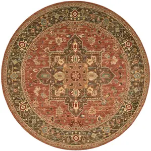 Rust Traditional Luxurious Wool Easy to Clean Bordered Geometric Rug For DiningRoom Bedroom And Living Room -178cm (Circle)