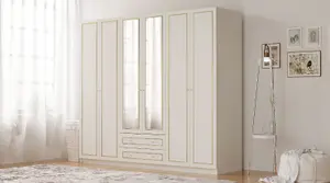 MARIE 6 Door 2 Drawer Mirrored Gold White Wardrobe