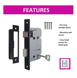 3 Lever Mortice Matt Black Sash Lock Key 3" 76mm Bolt Through Reversable Bathroom Handle Locks