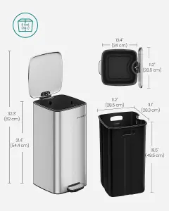 SONGMICS Steel Trash Can for Kitchen, Pedal Bin with Inner Bucket, Soft Close Feature, and Stays Open Design, Metallic Silver