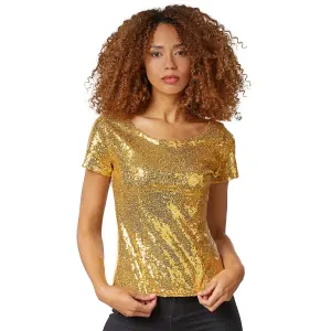 Short Sleeve Sequin Top - gold M