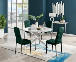 Furniturebox UK Novara White Marble 120cm Round Dining Table & 4 Green Velvet Milan Black Leg Chairs