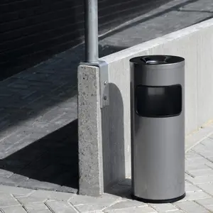 Durable Round Metal Waste Bin with Fire Extinguishing Ashtray - 17L - Silver