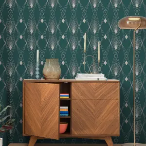 Next Deco geometric Teal Metallic effect Smooth Wallpaper