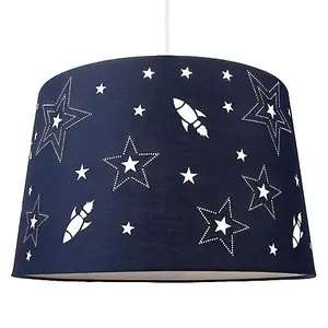 Fun Rockets and Stars Childrens/Kids Blue Cotton Bedroom Pendant or Lamp Shade