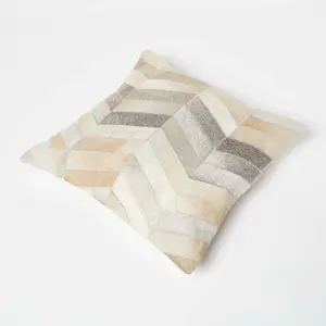 Homescapes Chevron Cream & Grey Leather Cushion 45 x 45 cm