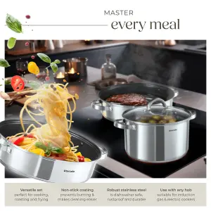 Saucepan Set - 15-pieces, 5 saucepans, 2 frying pans, steamer, milk pot - silver