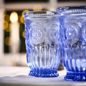 Set of 4 Luxury Embossed Blue Tall Drinking Glass Tumblers 330ml