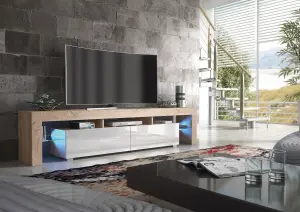 Nova TV Unit 200cm Oak and White High Gloss Doors with LED Lighting - Creative Furniture