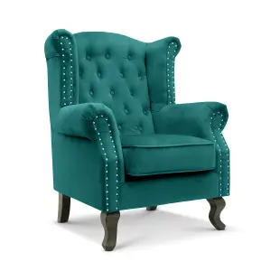 Velvet Wing Back Fireside Henley Chair Armchair with Buttons Teal Turquoise