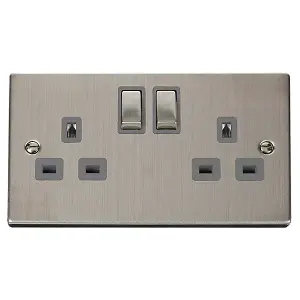 Stainless Steel 2 Gang 13A DP Ingot Twin Double Switched Plug Socket - Grey Trim - SE Home