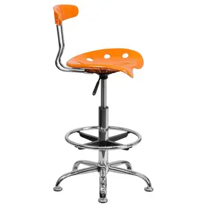 Vibrant Chrome Drafting Stool with Tractor Seat Orange