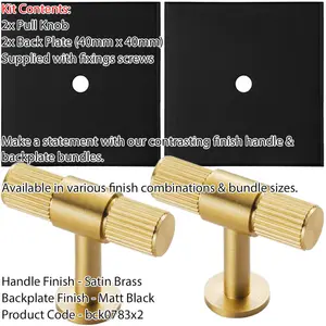 2 PACK - Cabinet Door Knob & Contrasting Backplate Set - Reeded T Bar Pull - Satin Brass & Matt Black