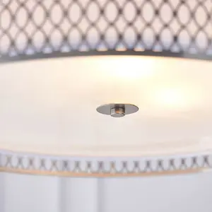 Hanging Ceiling Pendant Light Satin Nickel & Fabric Round Geometric Feature Lamp