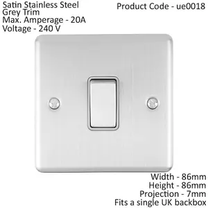 1 Gang 20A DP Single Switch SATIN STEEL & Grey Trim Appliance / Boiler Power