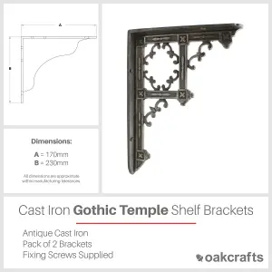 Oakcrafts - Pair of Antique Cast Iron Gothic Temple Shelf Brackets - 230mm x 170mm