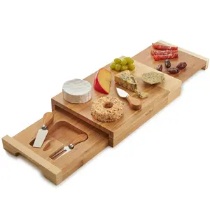 Bamboo Cheese Board, Square Serving Tray With Stainless Steel Knife Set, Easy Clean Charcuterie Serving Board With Two Pull Out Knife Drawers & Gift Box