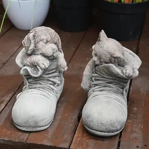 Super cute Pair of Stone cast Cat and Dog in Shoes