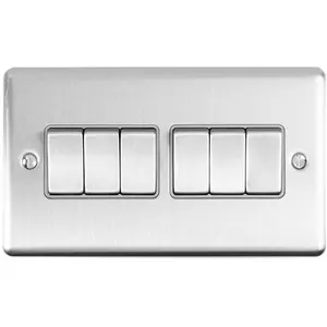 2 PACK 6 Gang Metal Multi Light Switch SATIN STEEL 2 Way 10A Grey Trim