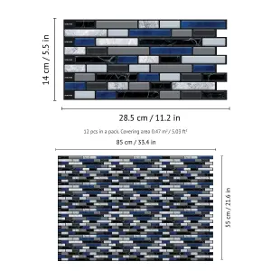 Walplus Lux Touch Grey And Blue Marble Long Mosaic Wall 2D Tile Stickers 11.2 x 5.5 inches / 28.5 x 14 cm 12 Pcs