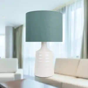 First Choice Lighting Ripple Off White Ribbed Ceramic Table Lamp with Teal Fabric Shade