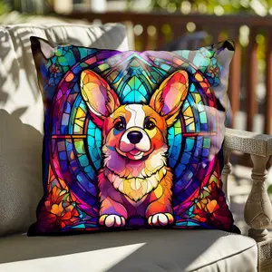 Faux Suede Cushion Stained Glass Effect Corgi Dog Print 30cm x 30cm