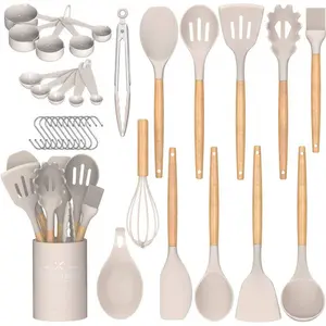 Kitchen Cooking Utensils Set, 24 Pcs Non-Stick Silicone Cooking Kitchen Utensils Spatula Set With Holder, Wooden Handle Heat Resistant Silicone Kitchen Gadgets Utensil Set (Khaki)