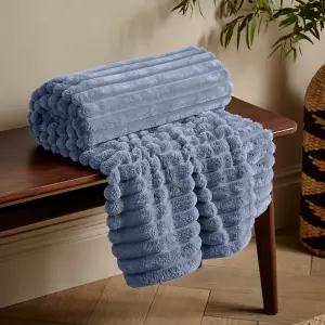 Catherine Lansfield Cosy Ribbed Faux Fur Blanket Throw Lansfield Blue