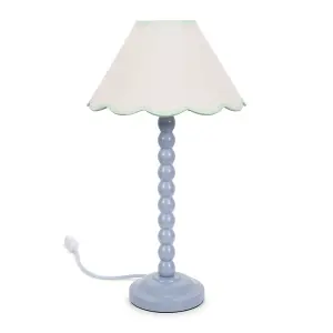 ValueLights Bobbles Powder Blue Bobbin Table Lamp with Green Trim Scallop Shade