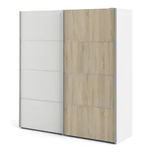 Verona Sliding Wardrobe 180cm in White with White and Oak doors with 2 Shelves