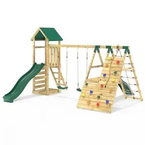 Rebo Wooden Climbing Frame with Swings, 6+8FT Slides & Climbing Wall - Hayes