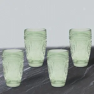 Tumbler Glasses Green 4-Set Embossed Design Bar Liquor Martini Glass Drinkware