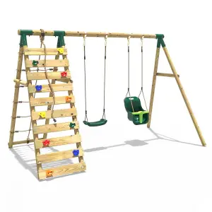 Rebo Wooden Swing Set with Up and Over Climbing Wall - Kai Green