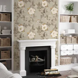 Belgravia Bramble Floral Beige Wallpaper Birds Leaves Flowers Feature Wall