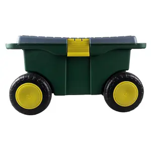 Garden Tool Trolley & Seat - Plastic Storage Cart Box with 4 Wheels, 2 Handles, Clasp Lid & Removeable Tray - H30 x W55 x D27cm