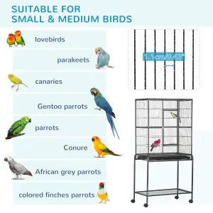 PawHut Rolling Bird Cage w/ Detachable stand Storage Shelf Wood Perch Food Cup