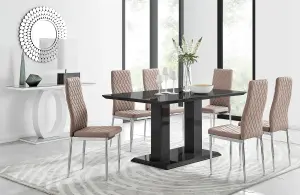 Imperia Black High Gloss 6 Seater Dining Table with Structural 2 Plinth Column Legs 6 Beige Stitched Faux Leather Milan Chairs