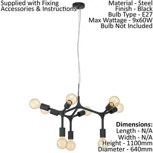 Pendant Ceiling Light 9 Bulb Colour Black Arms & Lamp Holders Bulb E27 9x60W